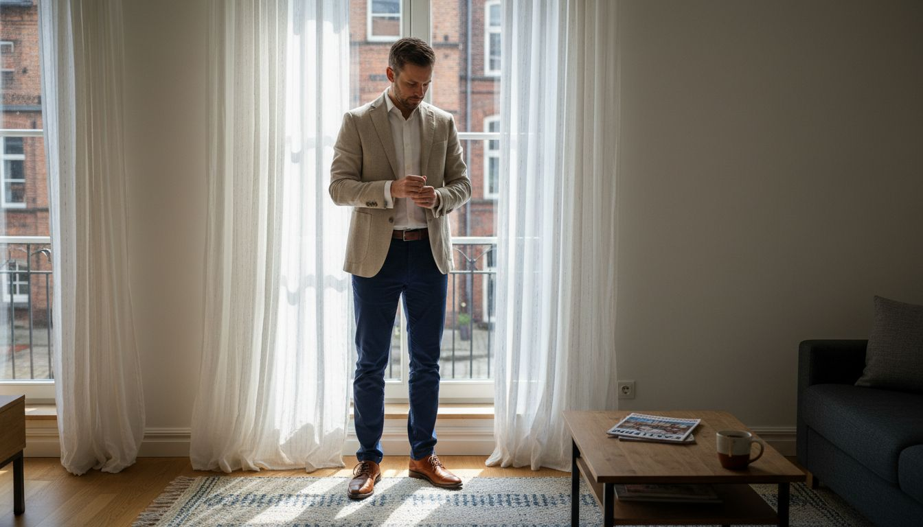 Im Wohnzimmer stellt jemand ein smart-casual Outfit zusammen.