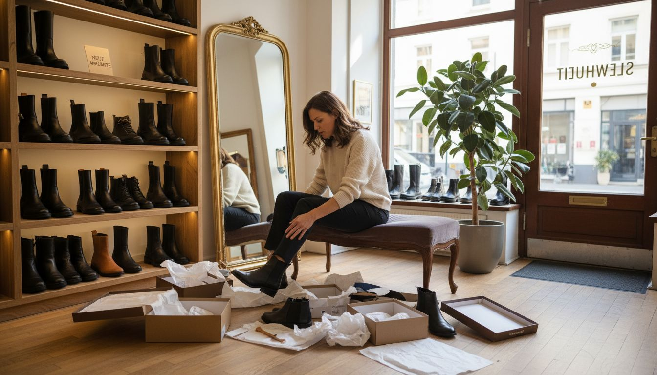 Eine Frau stöbert in einem trendigen Schuhgeschäft und probiert verschiedene Modelle an.