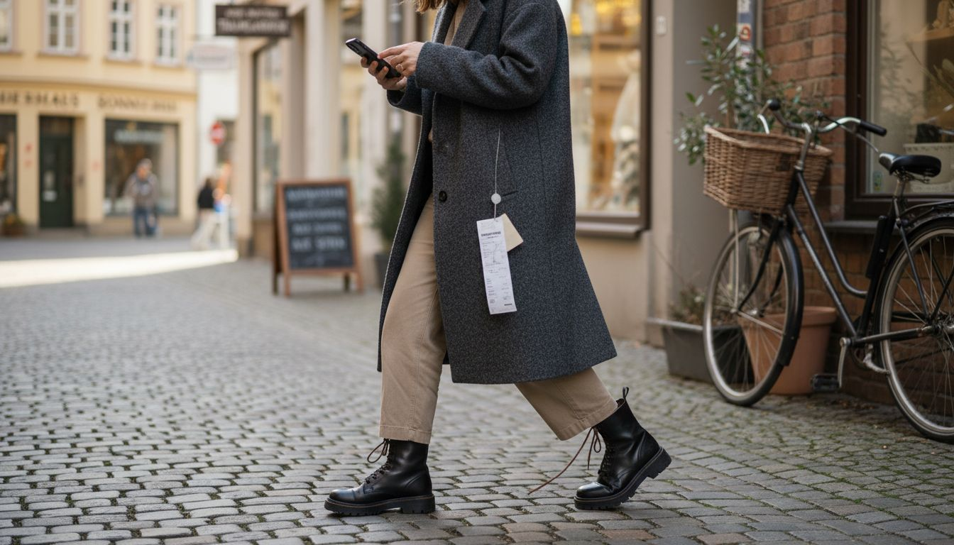 Eine Frau mit trendigen Schuhen spaziert über das Kopfsteinpflaster.