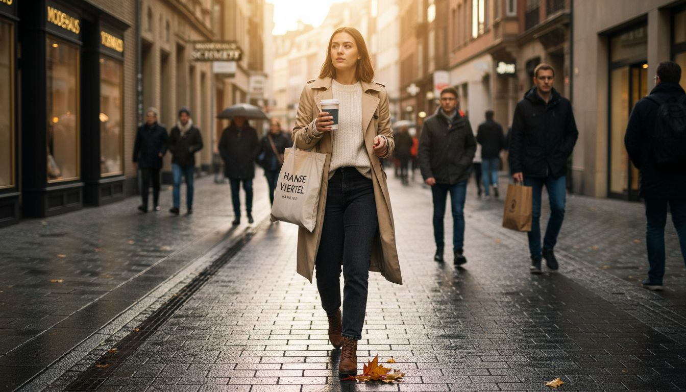 Junge Frau zeigt angesagte Herbstmode beim Bummeln durch die Innenstadt