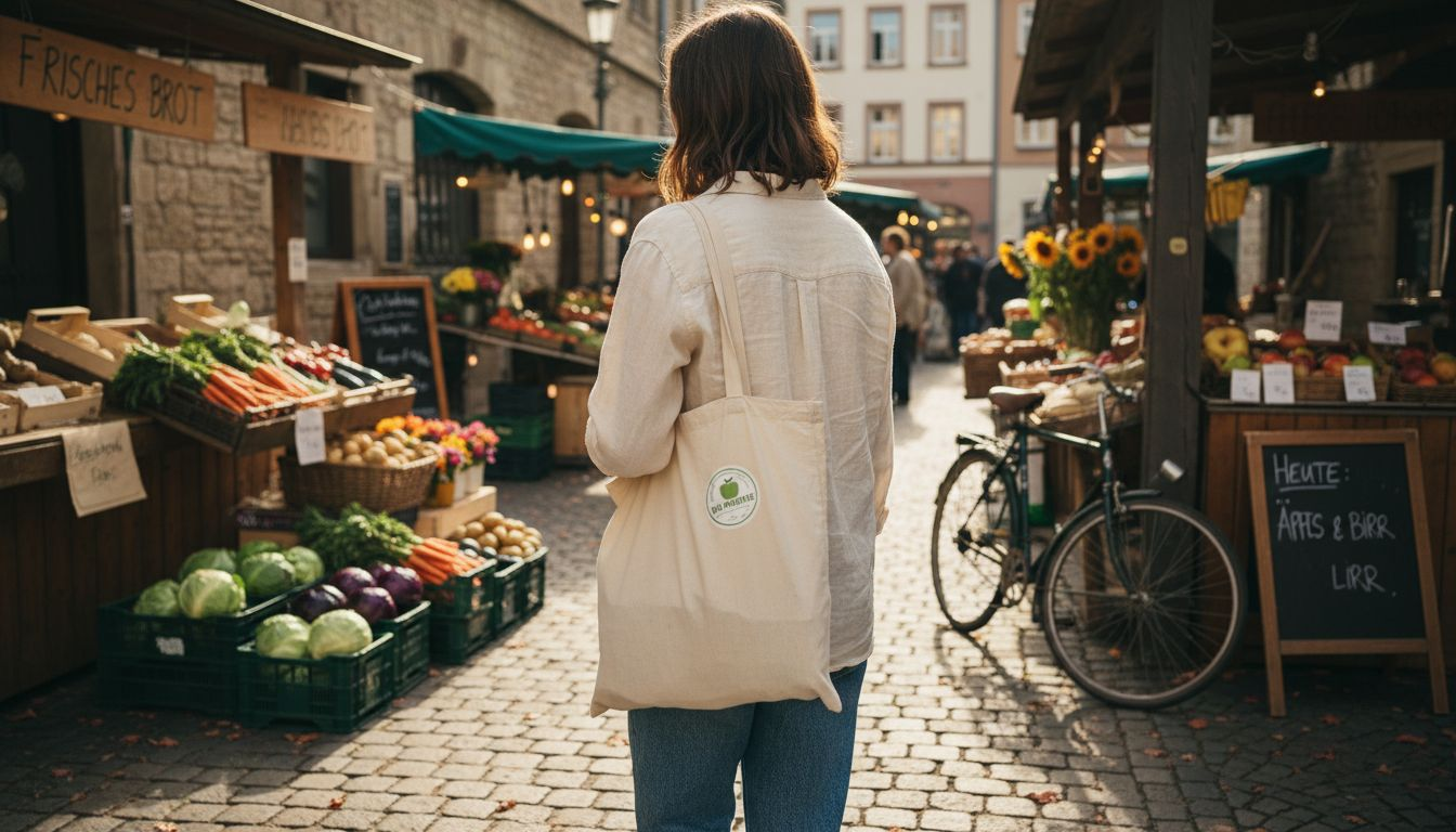 Auf dem Wochenmarkt zeigt eine Frau ihren individuellen Stil mit nachhaltiger Kleidung.