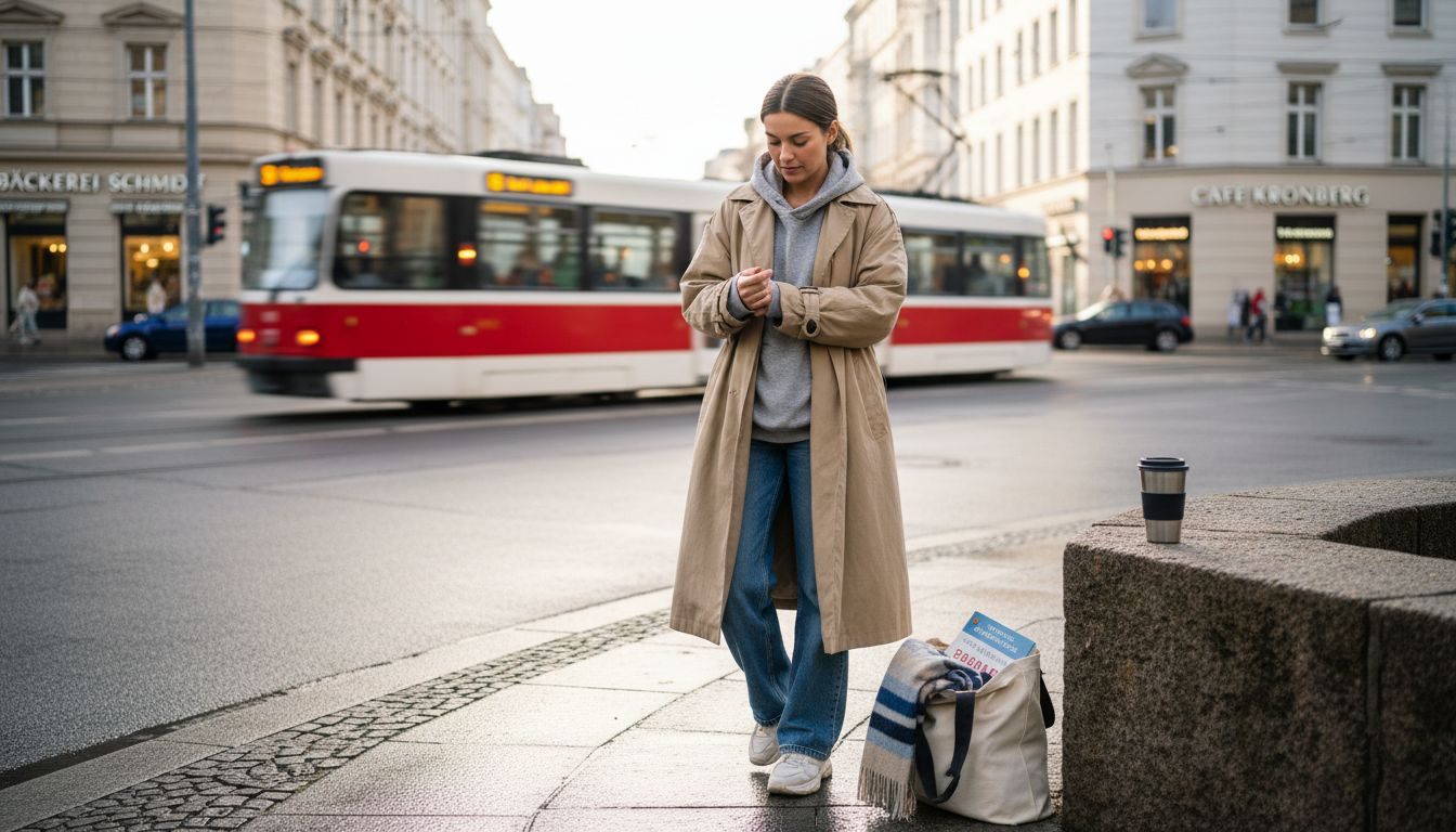 Eine junge Frau spaziert in einem lässig geschnittenen Trenchcoat durch die Straßen der Stadt.