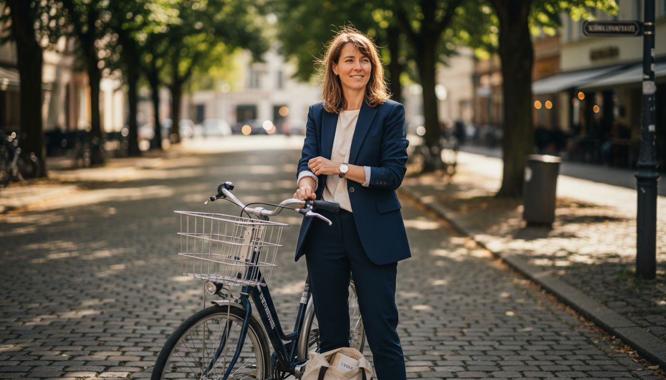 Eine stilvoll gekleidete Frau spaziert im Blazer durch die Straßen der Stadt.