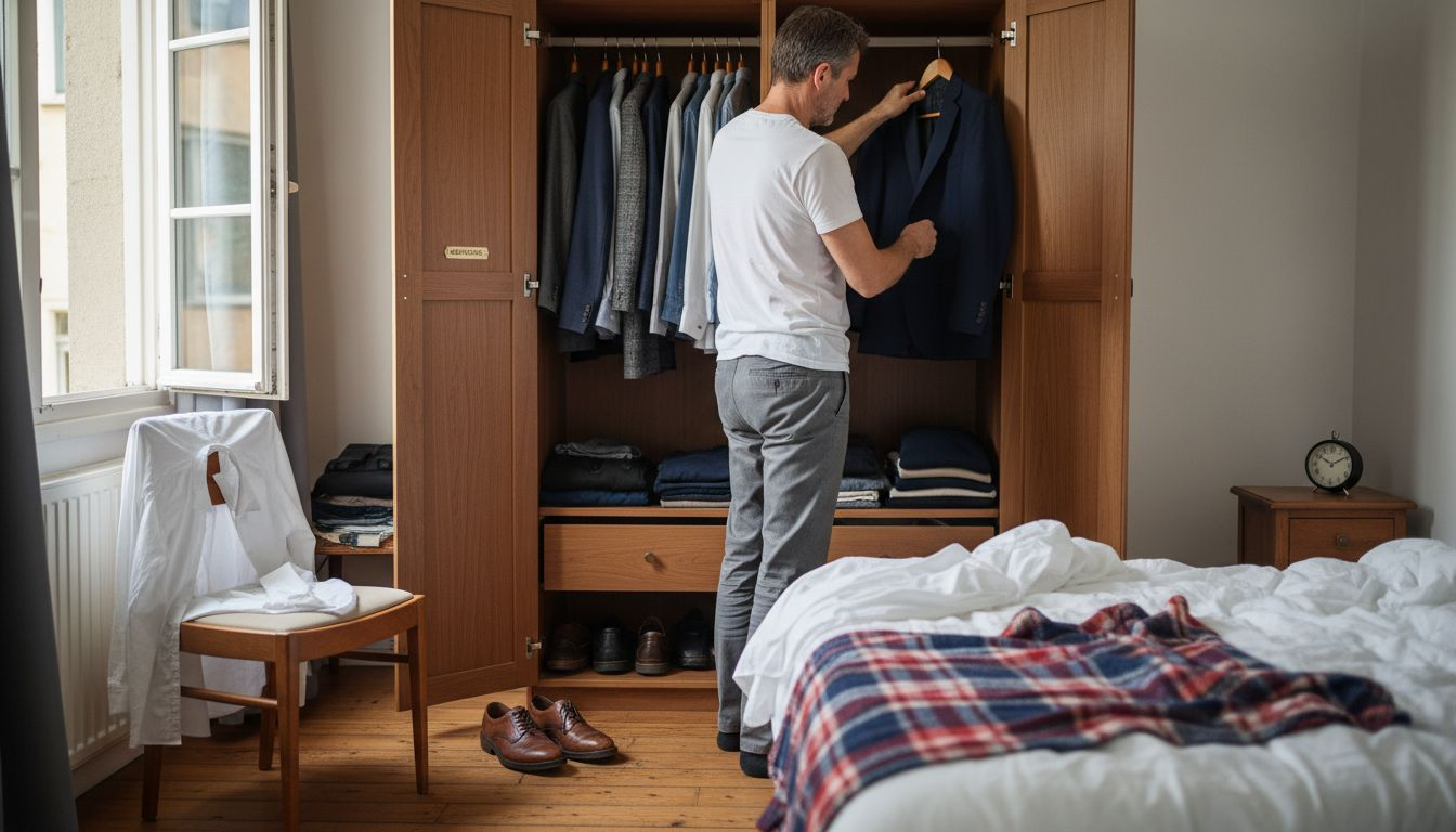 Ein Mann steht vor einem aufgeräumten Kleiderschrank und sucht sich ein Sakko aus.