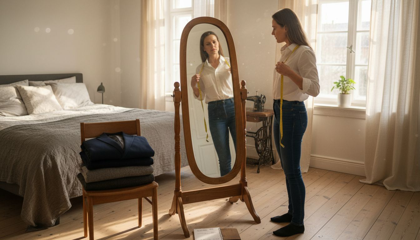 Eine Frau steht vor dem Spiegel und nimmt Maß an ihren Schultern.