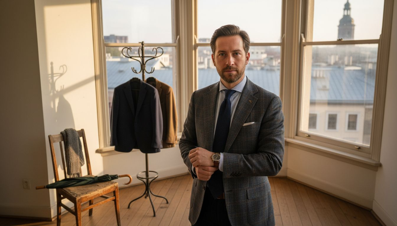 Ein Geschäftsmann im Sakko steht vor einem großen Bürofenster und blickt hinaus.