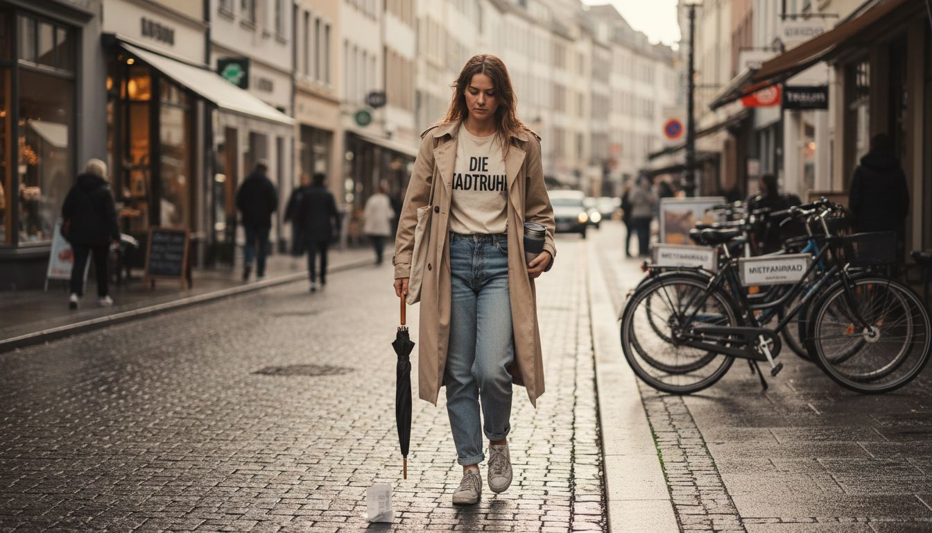 Eine stilbewusste Frau spaziert mit einem angesagten Look durch die Stadt.