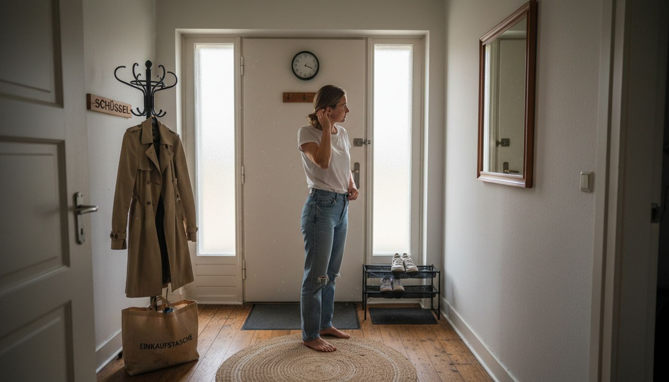 Eine Frau rundet ihr lässiges Jeans-Outfit zu Hause gekonnt ab.