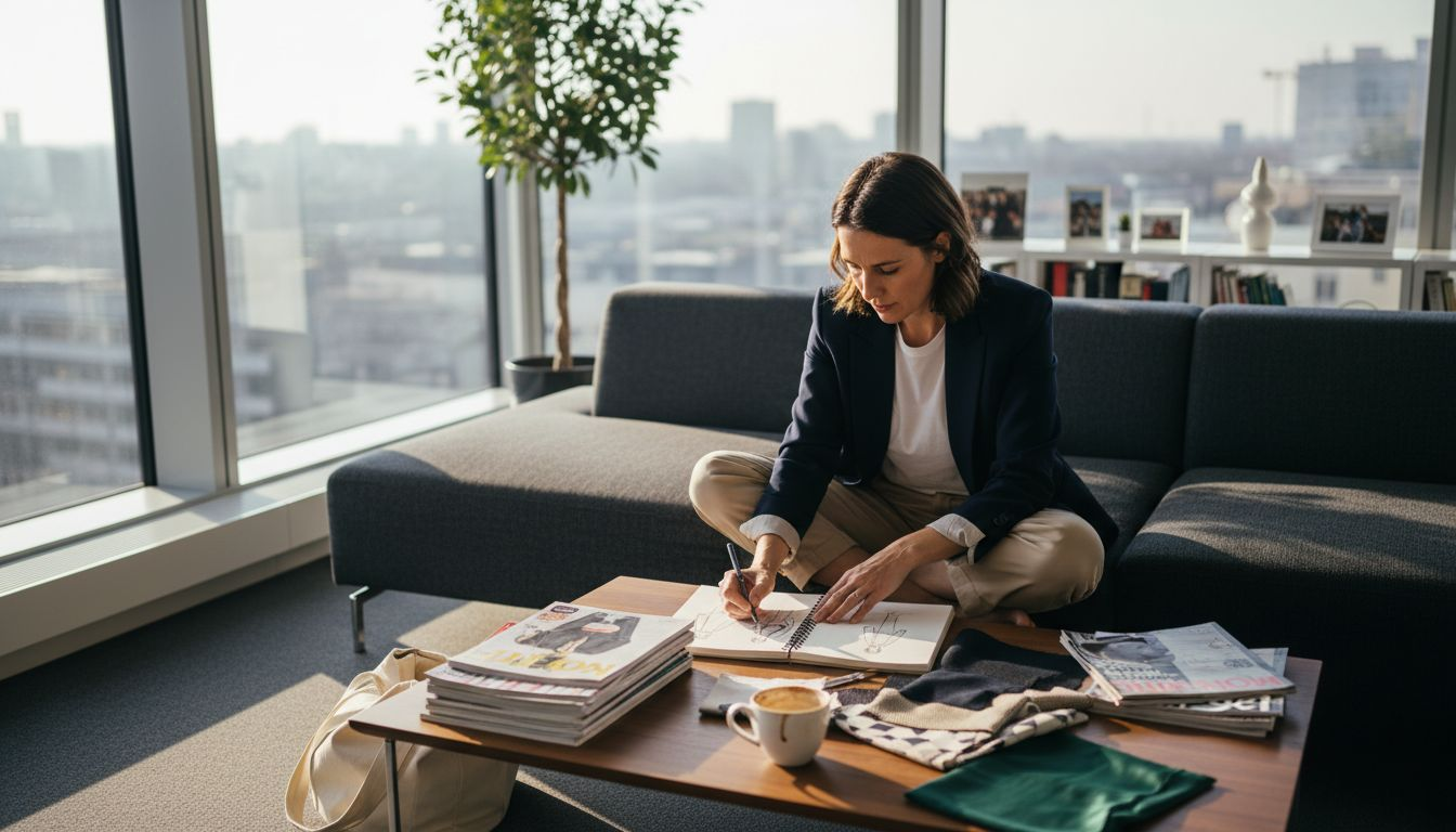 Eine Frau stellt im Büro ein lässiges Outfit mit Blazer zusammen.