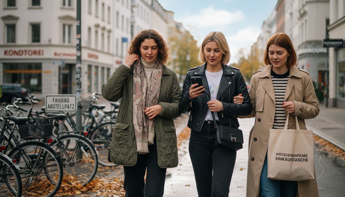 Drei Frauen spazieren in modischen Jacken durch die Innenstadt.