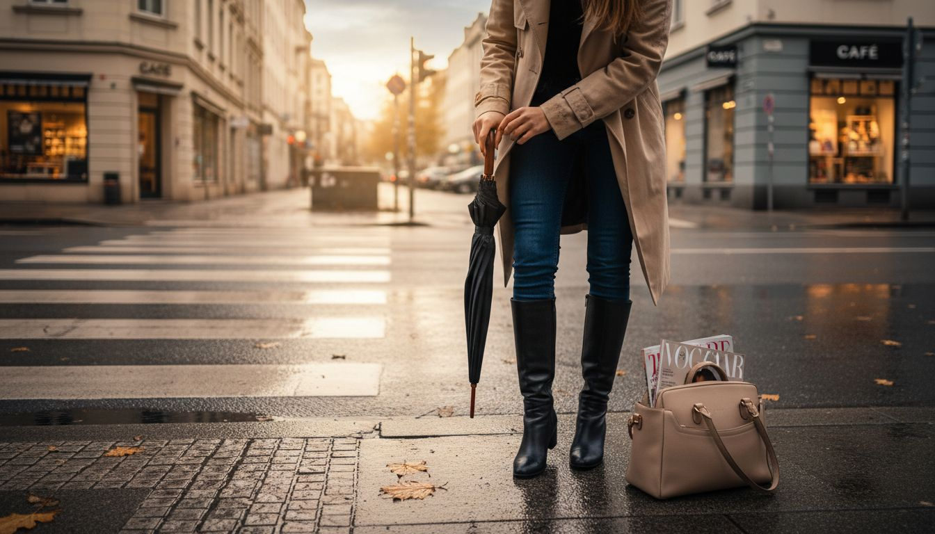 Eine Frau setzt kniehohe Stiefel modisch auf einer gut besuchten Straße in Szene.