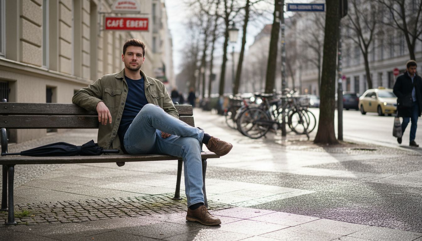 Ein Mann in Jeans macht es sich auf einer Parkbank in Berlin bequem.