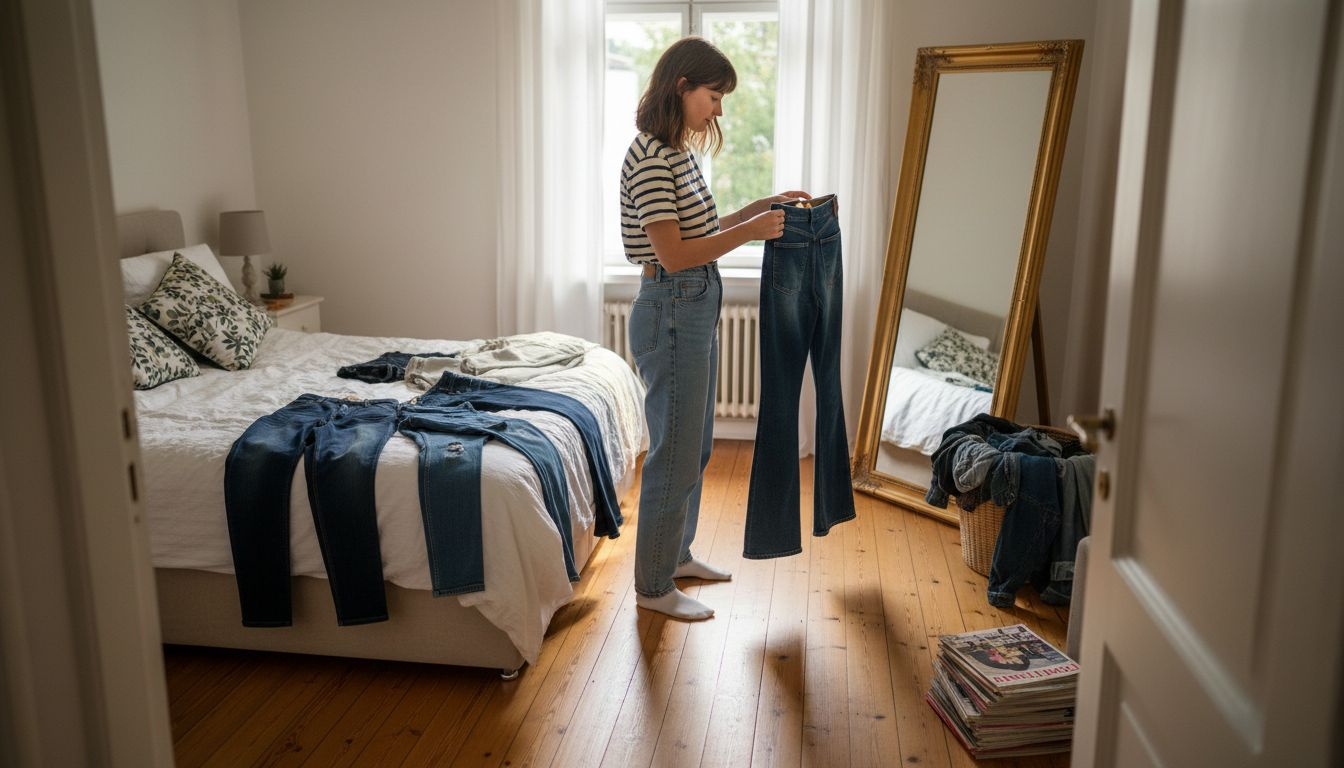 Eine Frau steht vor der Qual der Wahl und überlegt, welche Jeans sie tragen möchte – verschiedene Schnitte und Styles liegen vor ihr, und sie sucht nach dem perfekten Modell für ihren Look.