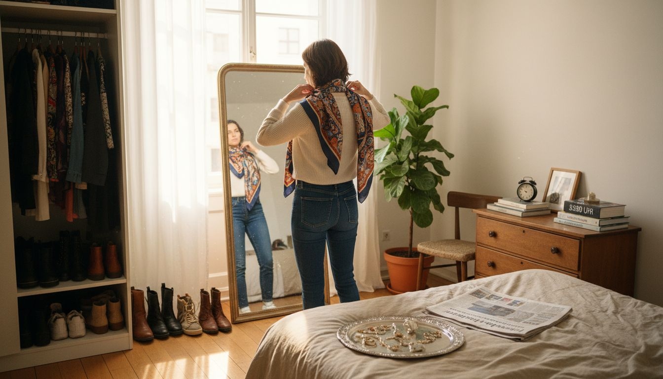 Eine Frau richtet im Spiegel ihres Schlafzimmers in der Stadt sorgfältig ihr Halstuch.