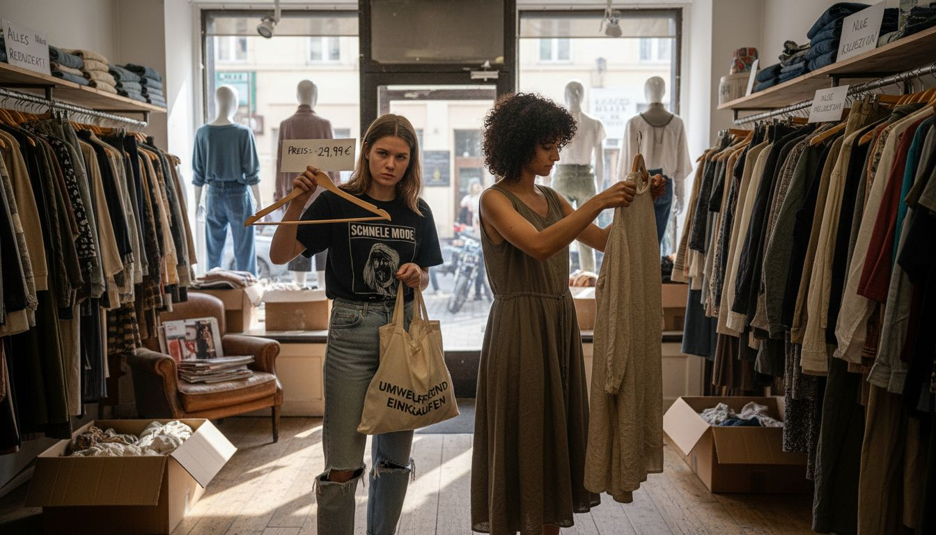 Zwei Frauen schauen sich gemeinsam im Geschäft verschiedene Kleidungsstücke an und diskutieren dabei die Unterschiede zwischen schneller und nachhaltiger Mode.