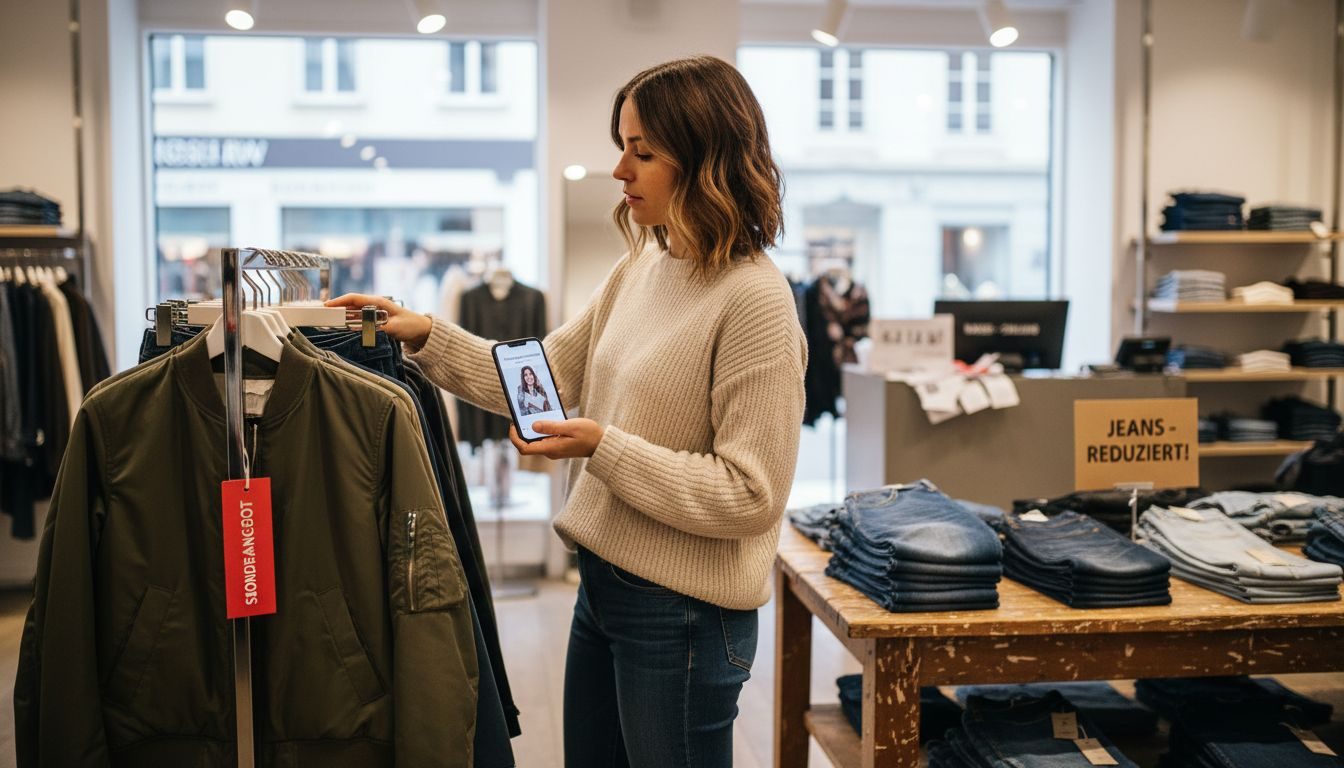 Eine Kundin stöbert durch die reduzierte Ware im Modegeschäft.