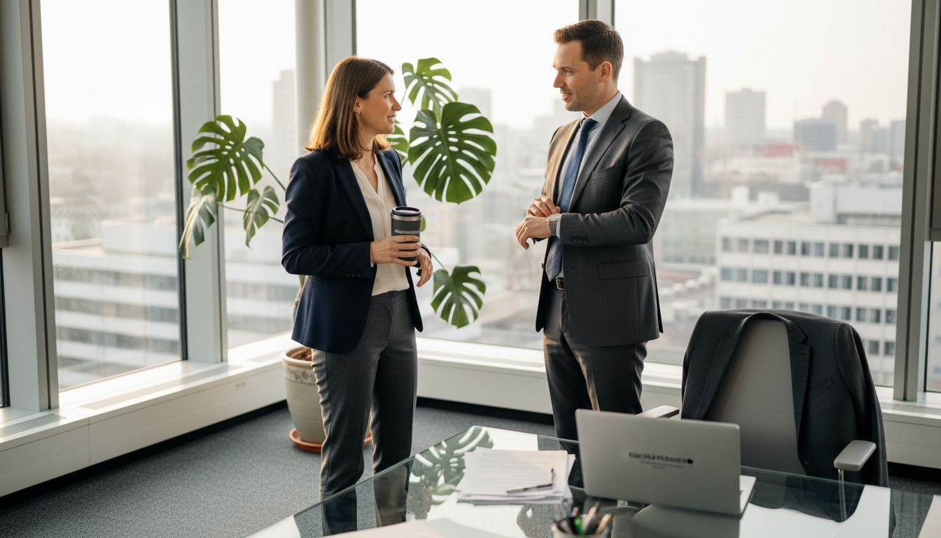 Zwei Geschäftsleute in eleganter Businesskleidung unterhalten sich im Büro.