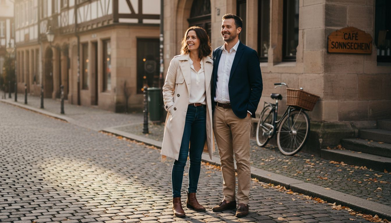 Ein stilvoll gekleidetes Paar spaziert die Straße entlang.