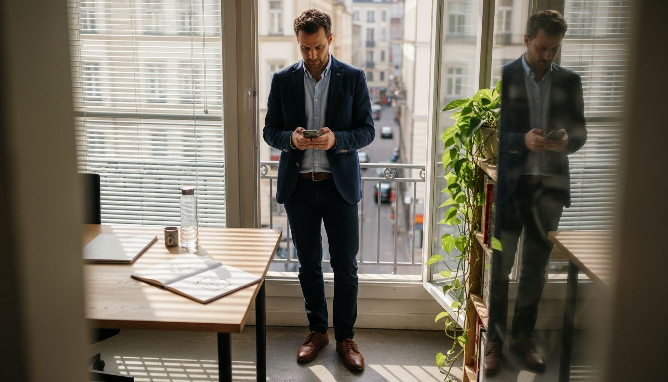Ein Mann in legerer Businesskleidung steht am Fenster eines sonnendurchfluteten Büros.