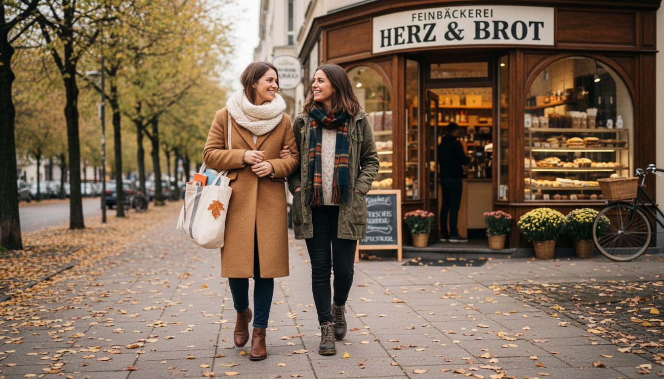 Zwei stilvoll gekleidete Frauen spazieren in herbstlicher Mode durch eine von buntem Laub gesäumte Stadtstraße.