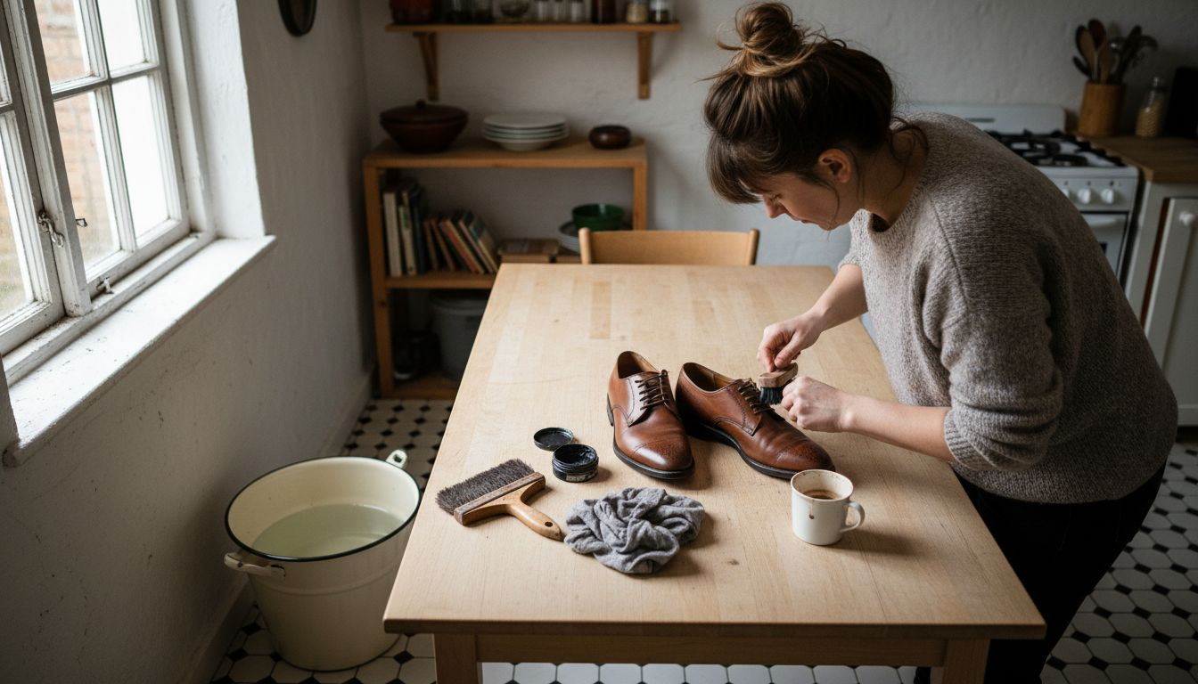 Eine Frau bringt ihre Alltagsschuhe am Küchentisch wieder auf Vordermann.