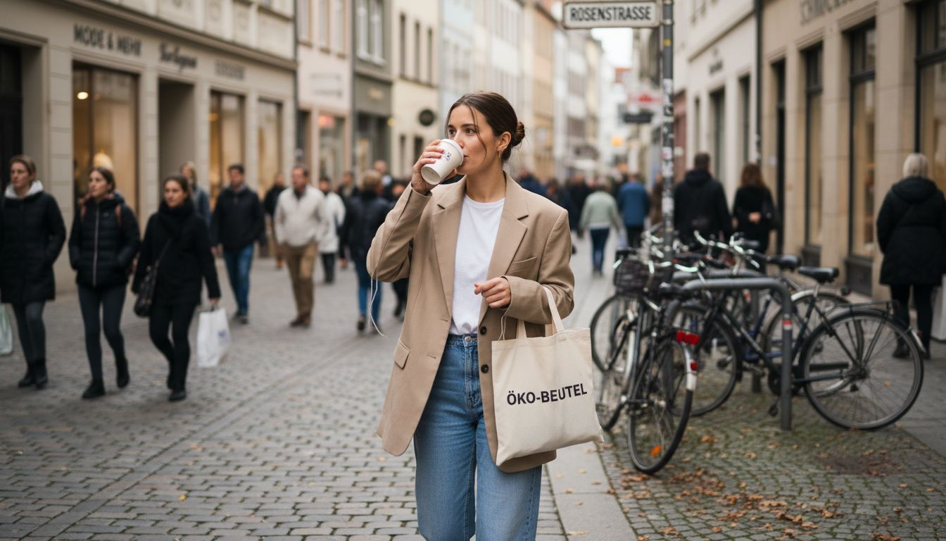 Eine Frau im lässig geschnittenen Blazer schlendert durch die volle Innenstadt.