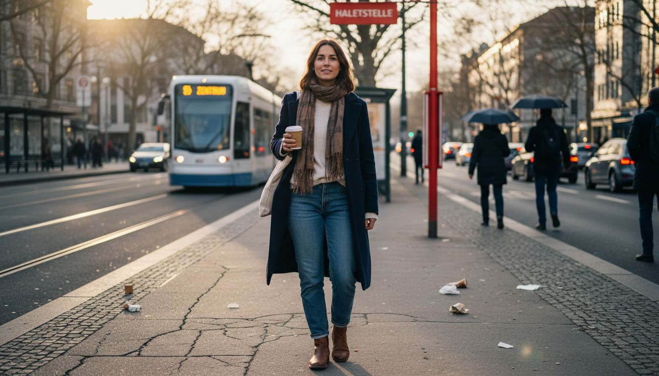 Eine Frau kombiniert verschiedene Kleidungsstücke und zieht sich auf der belebten Straße in der Stadt mehrere Schichten an.