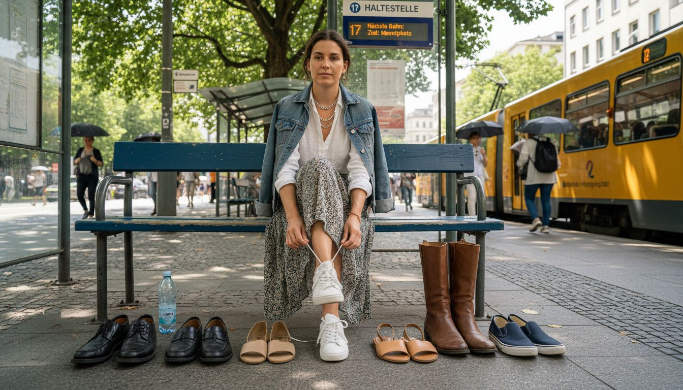 Sechs angesagte Alltagssneaker, lässig am Rand einer belebten Straße präsentiert.