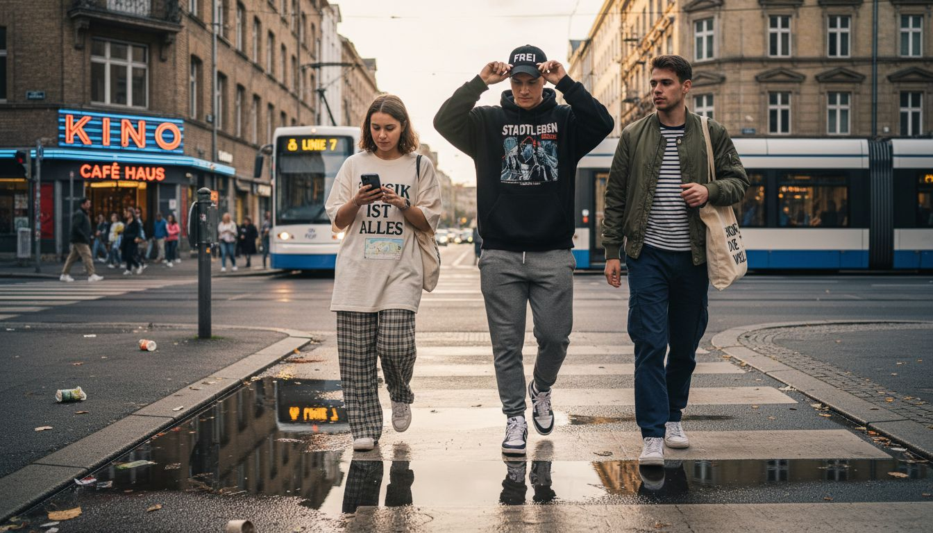 Junge Leute in angesagter Streetwear überqueren einen Zebrastreifen mitten in der Stadt.