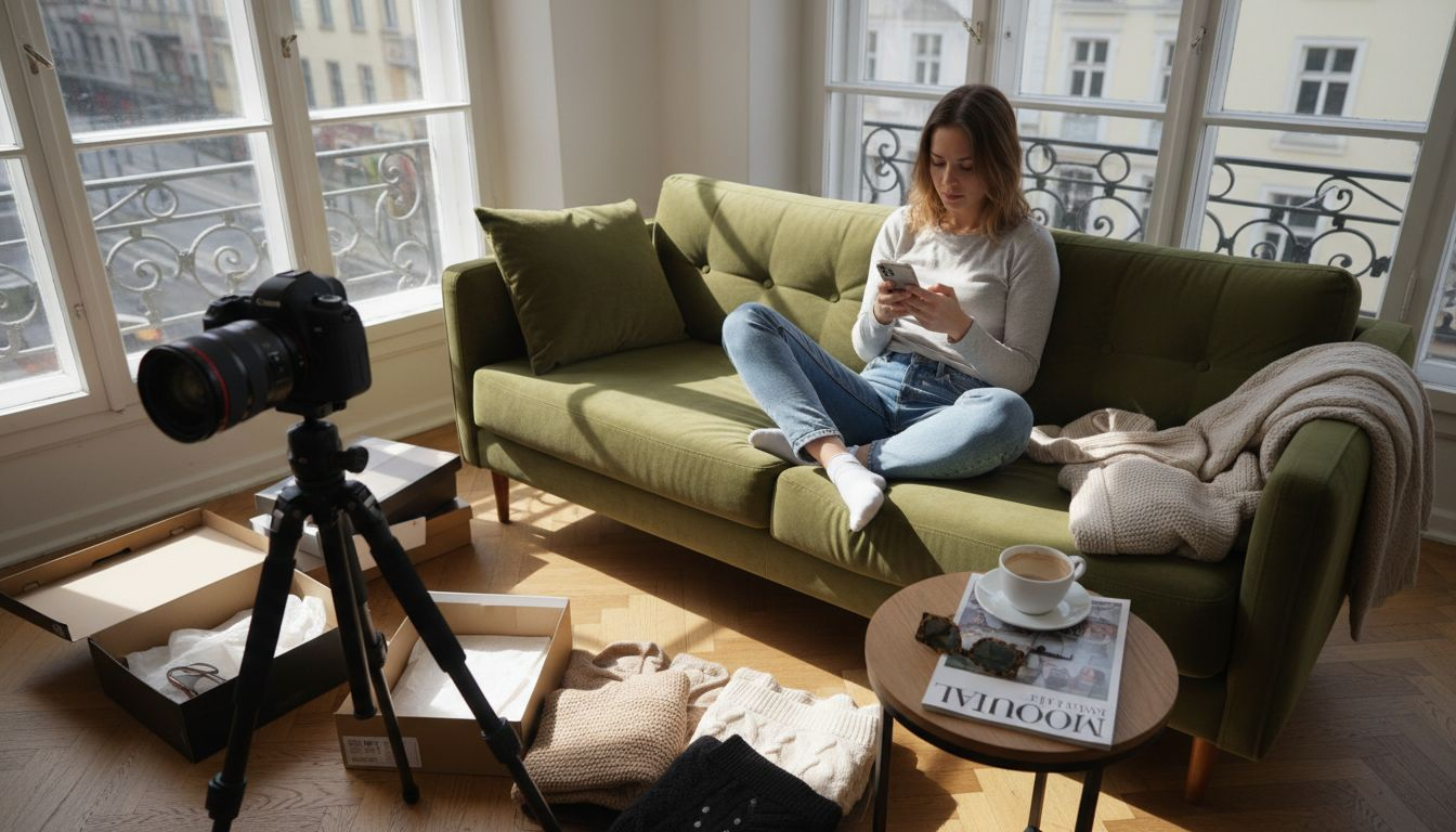 Mode-Influencerin arbeitet kreativ im Homeoffice