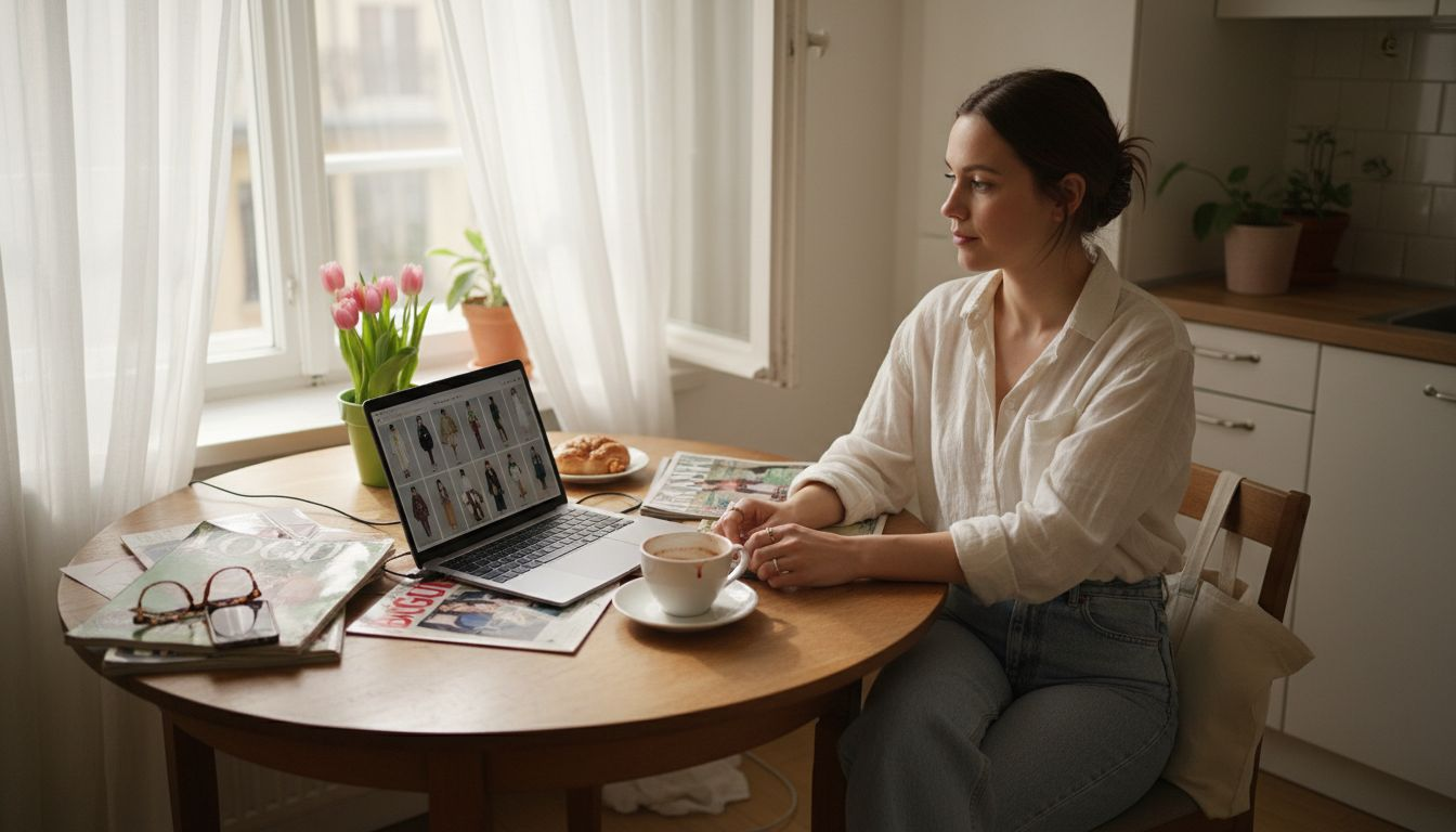 Am Küchentisch bearbeitet eine Modebloggerin ihre Fotos.