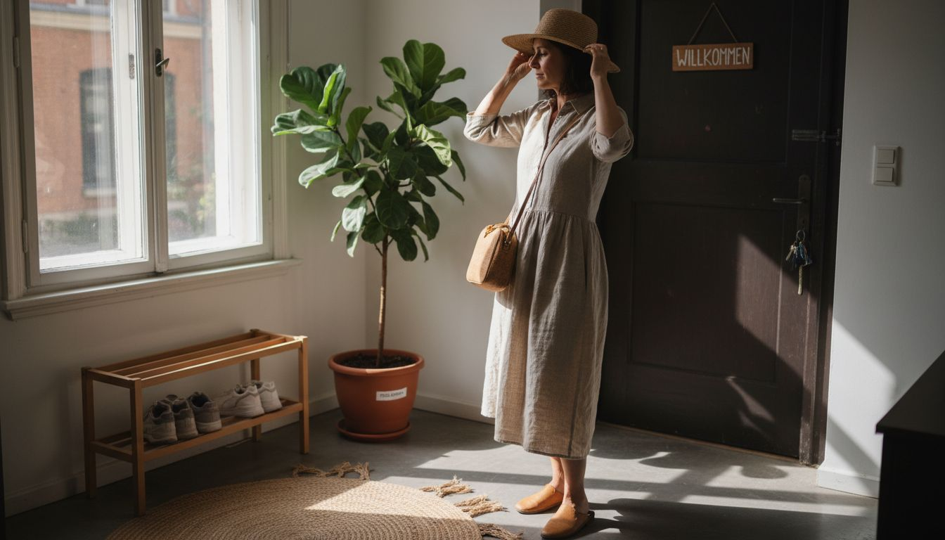 Im Flur präsentiert eine Frau stilvolle Accessoires aus nachhaltigen Materialien.