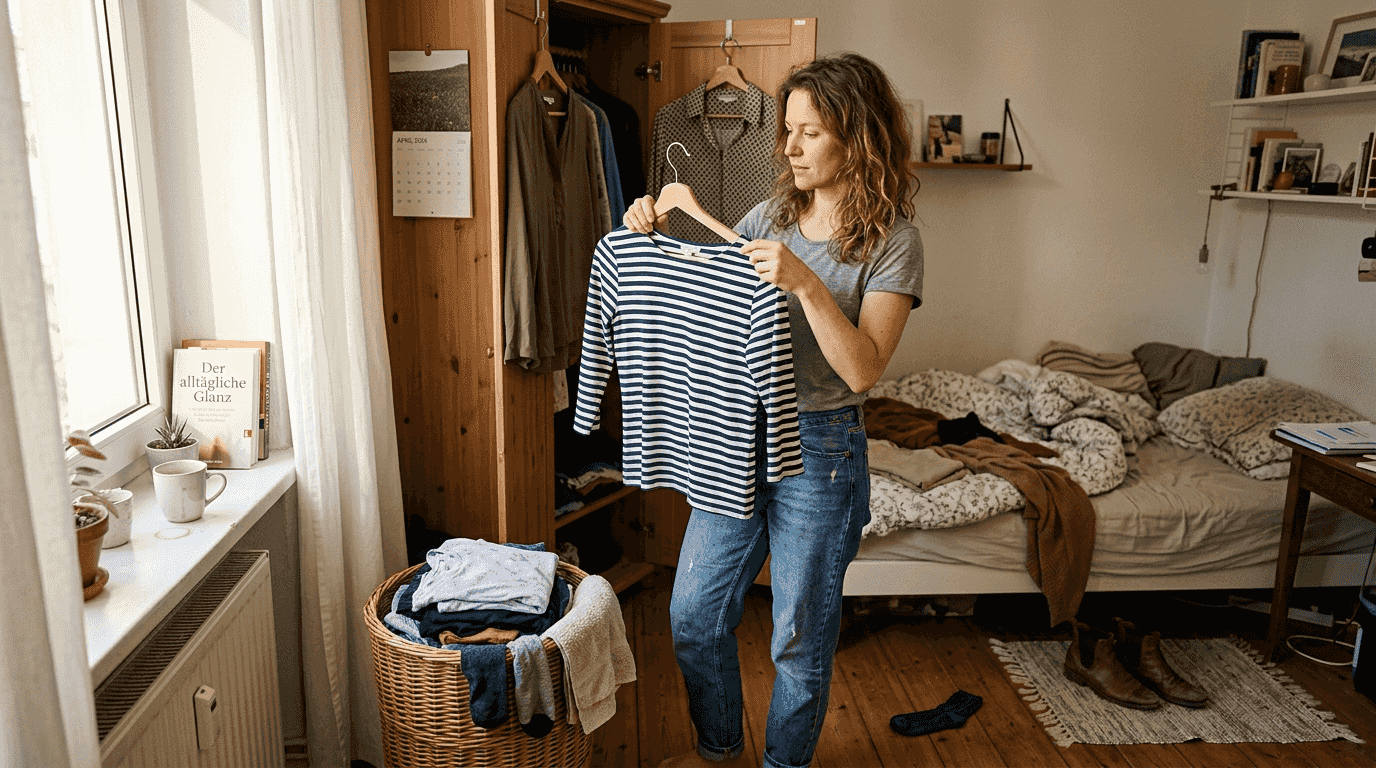 Eine Frau steht in ihrem Schlafzimmer vor dem Kleiderschrank und überlegt, was sie anziehen soll.