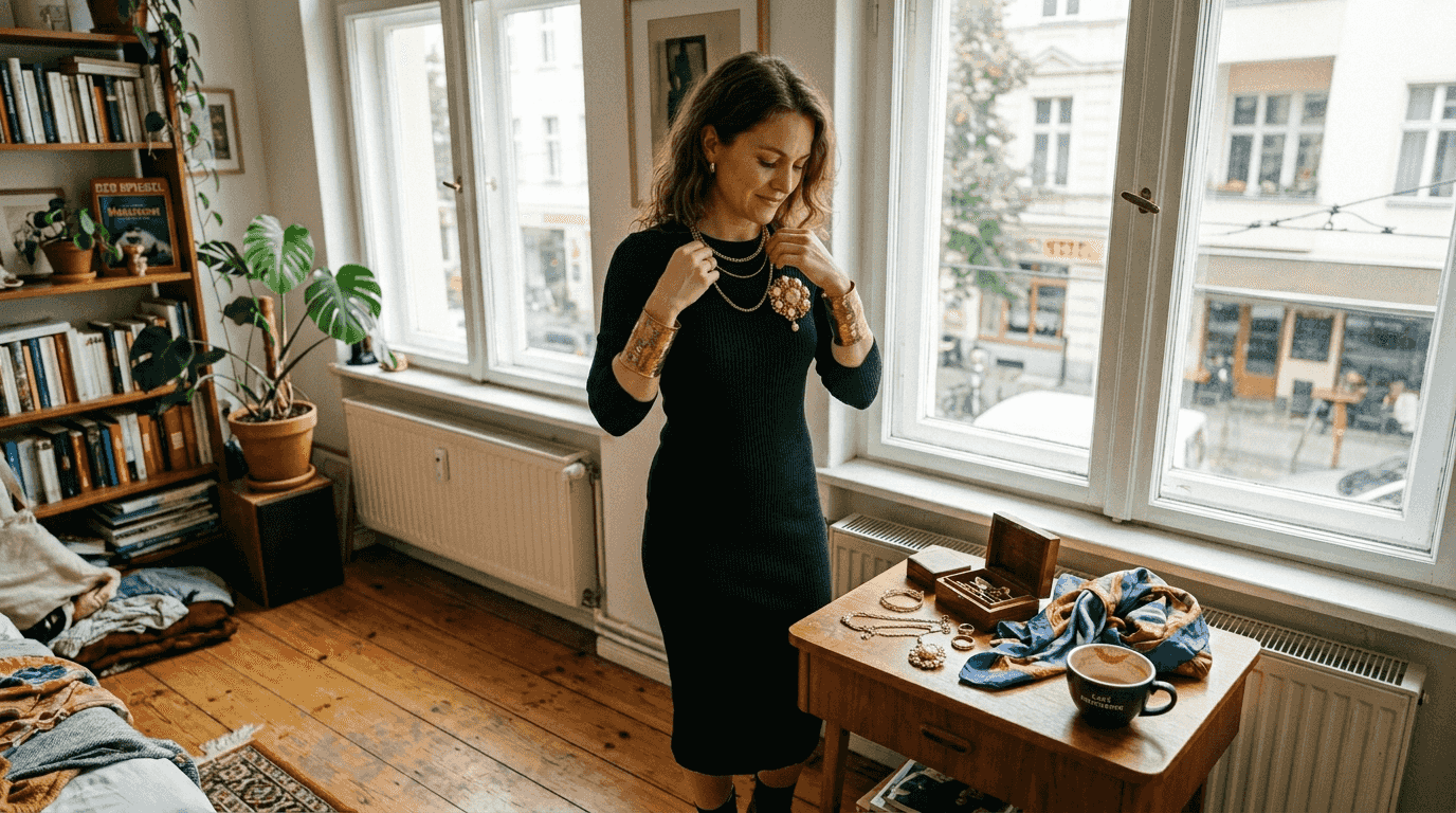 Eine Frau kombiniert angesagte Accessoires in ihrer Wohnung und setzt damit stylische Akzente.