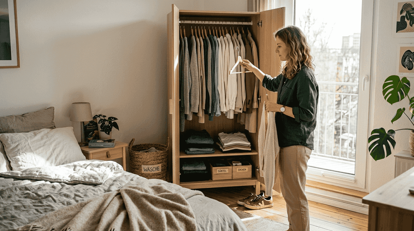 Eine Frau steht vor ihrem Kleiderschrank und stellt sich ein Outfit aus ihrer minimalistischen Garderobe zusammen.