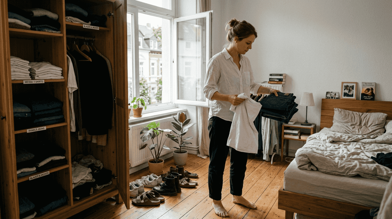 Eine Frau stellt sich ihre Garderobe mit zeitlosen Basic-Teilen zusammen.