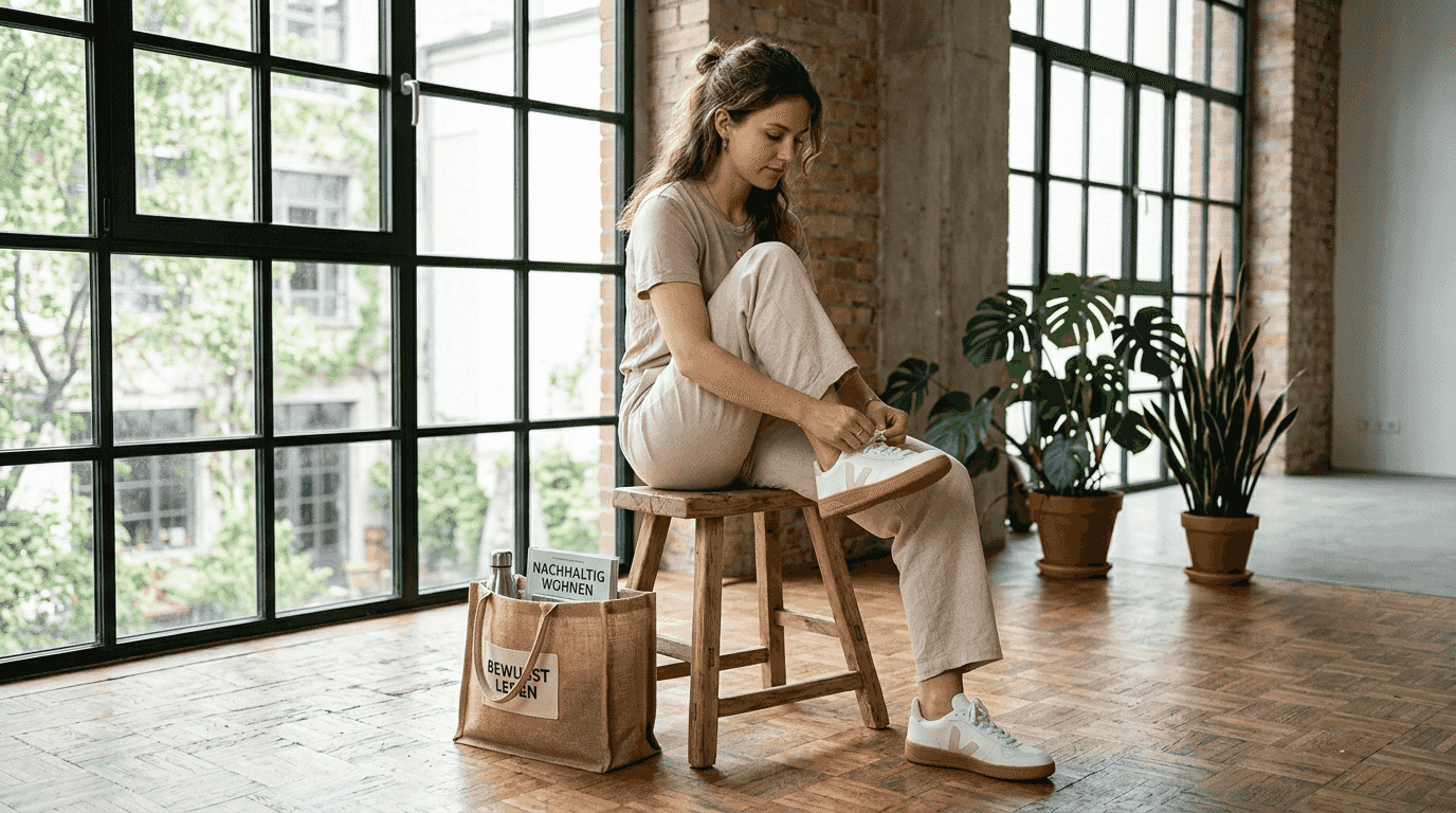 Junge Frau trägt nachhaltige, vegane Mode in modernem Loft-Ambiente