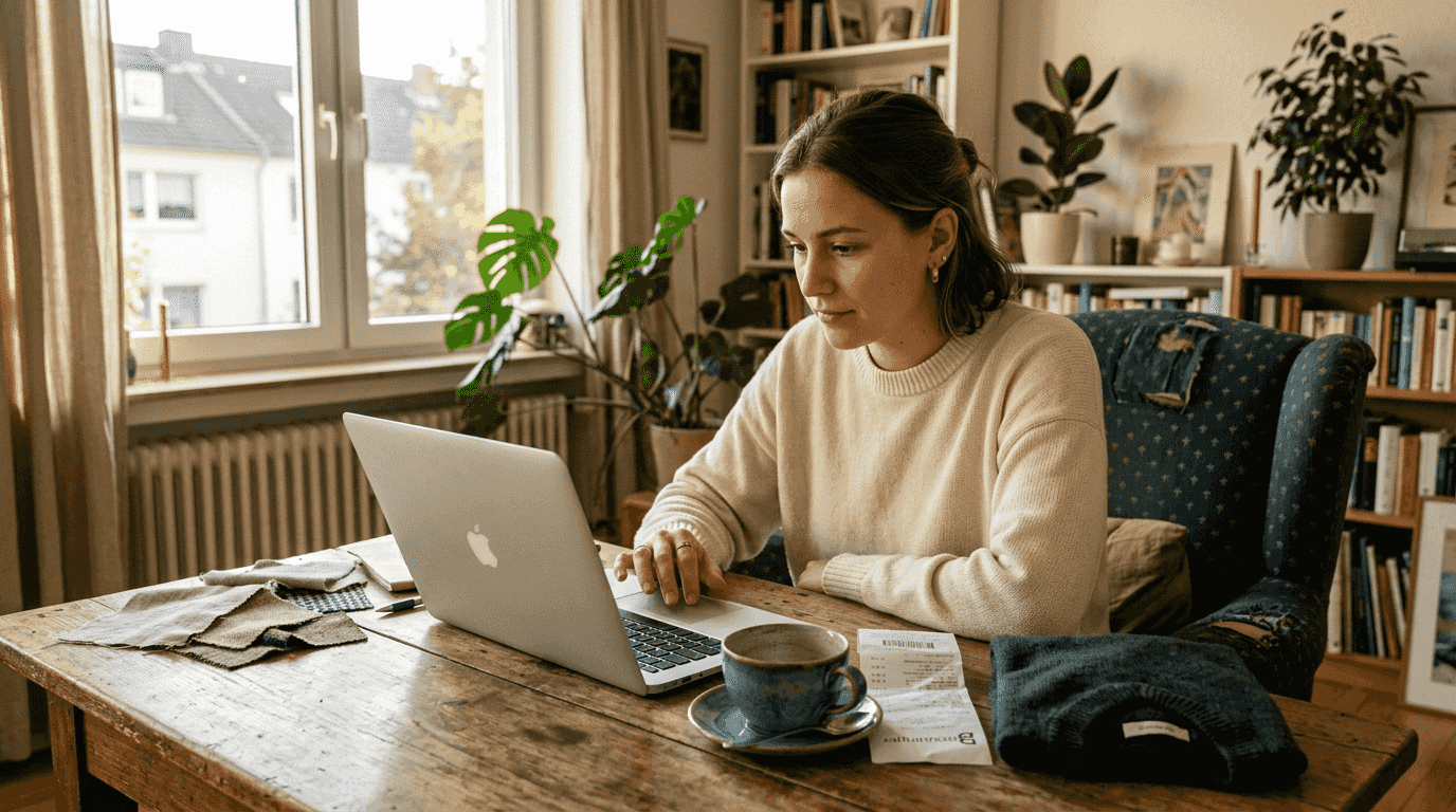 Eine Frau stöbert am Laptop nach günstigen Angeboten für Mode.