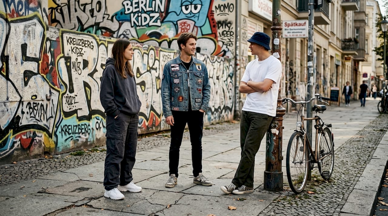 Ein Jugendlicher lehnt lässig in trendiger Streetwear vor einer bunt besprühten Graffitiwand.