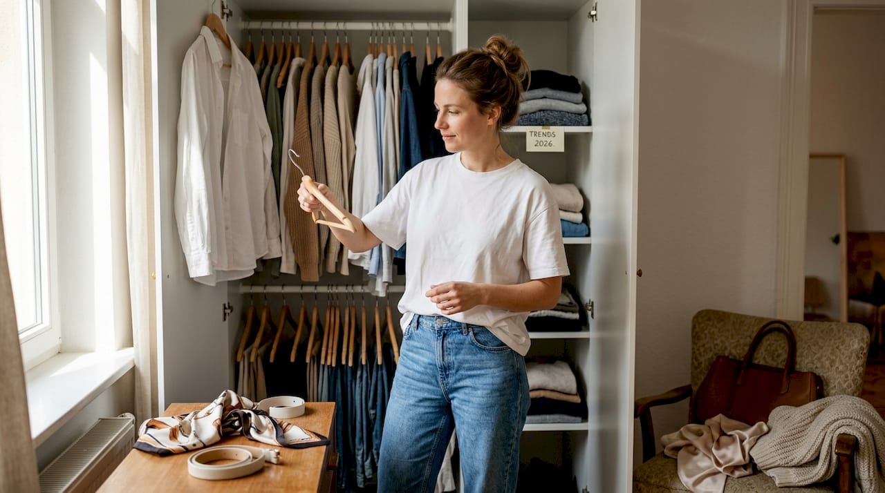 Eine Frau räumt angesagte Mode in ihrem Kleiderschrank ein.