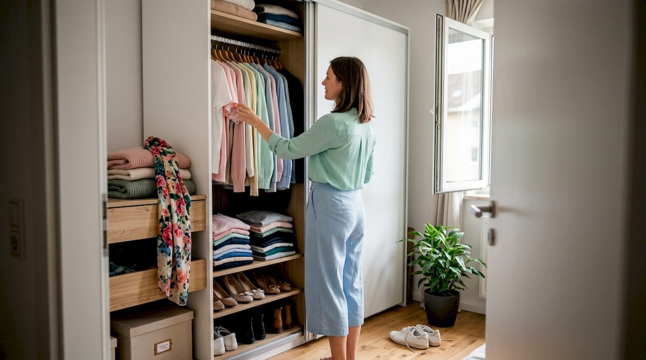 Eine Frau stellt aus ihrer Frühlingsgarderobe ein Outfit in sanften Pastelltönen zusammen.
