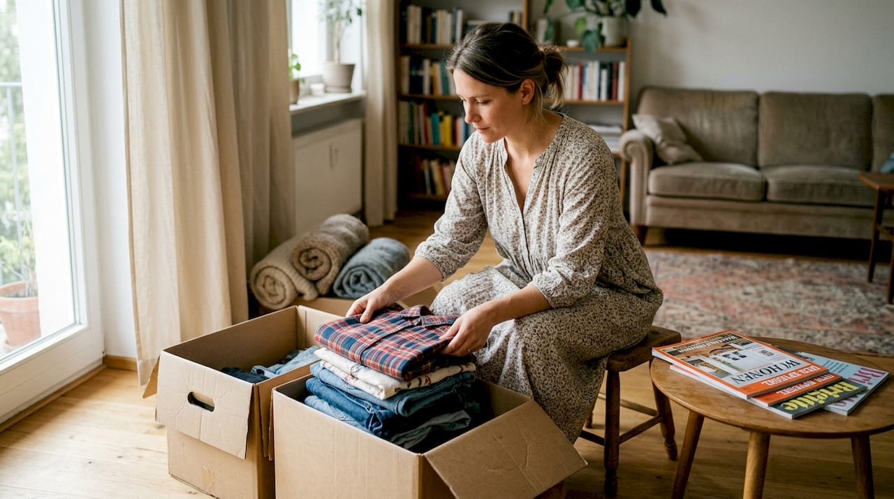 Im Wohnzimmer legt eine Frau ihre Vintage-Kleidungsstücke ordentlich zurecht und sortiert sie.