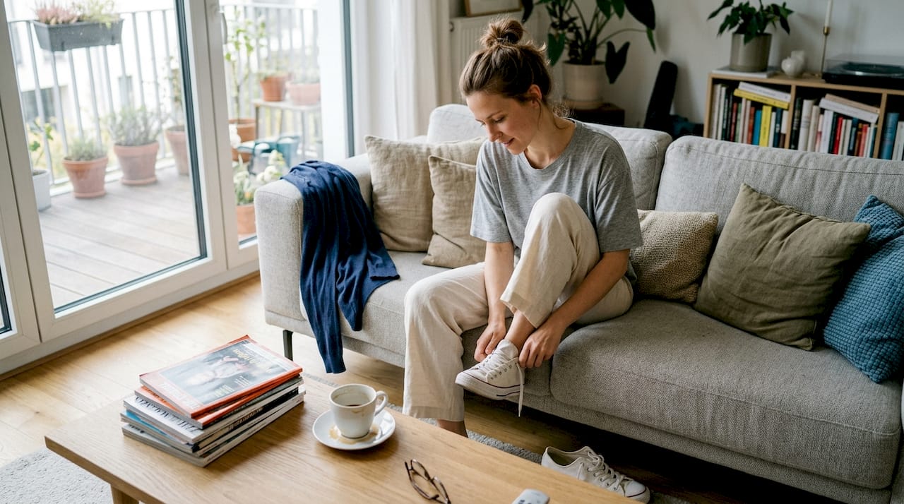 Eine Frau genießt in bequemer Freizeitkleidung die entspannte Atmosphäre ihres Wohnzimmers.