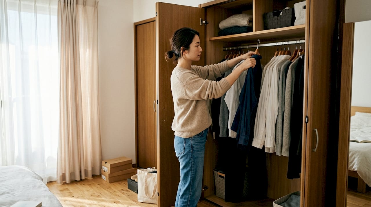 Eine Frau sortiert ihren Kleiderschrank und stellt eine neutrale Capsule Wardrobe zusammen.