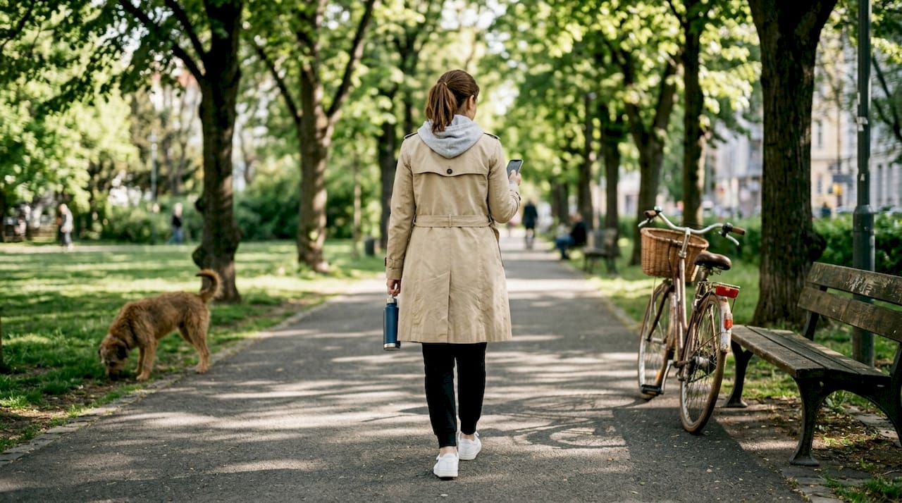 Eine Frau spaziert in sportlicher Freizeitkleidung durch den Park.