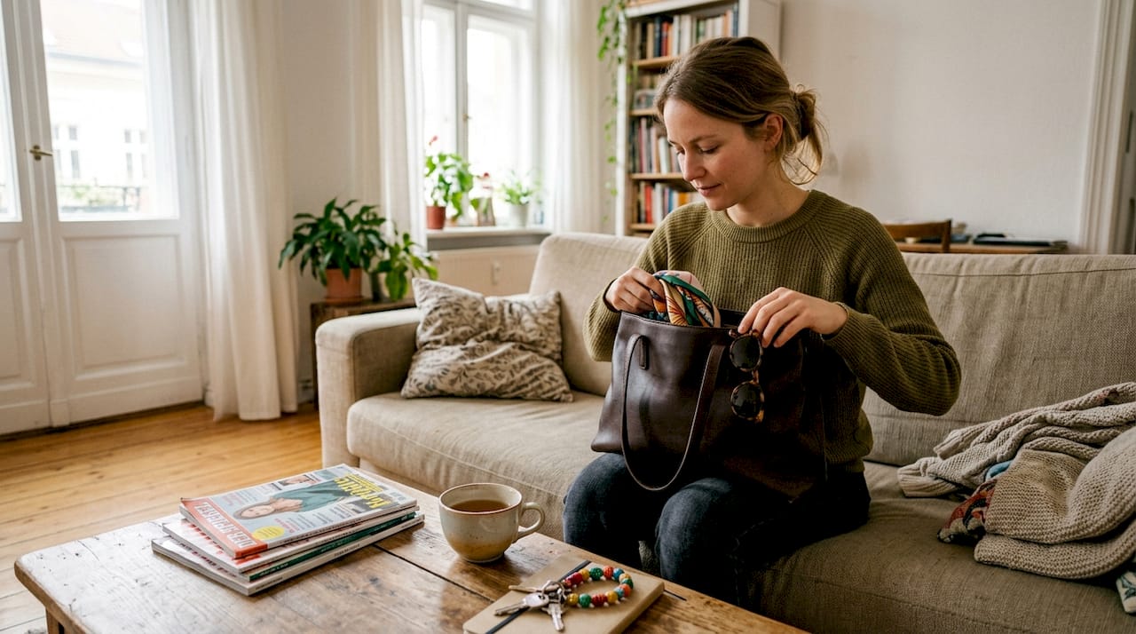 Eine Frau ordnet ihre Accessoires auf dem Sofa im Wohnzimmer.