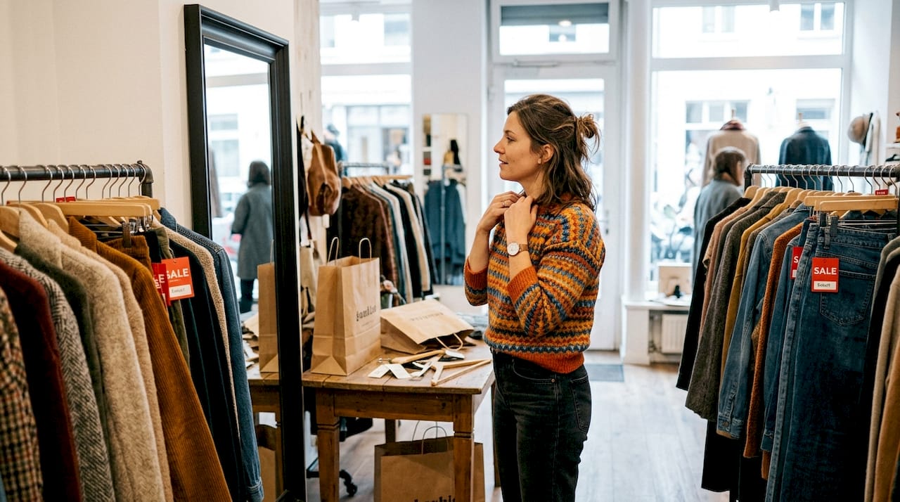 Eine Kundin probiert im Geschäft einen Pullover an.