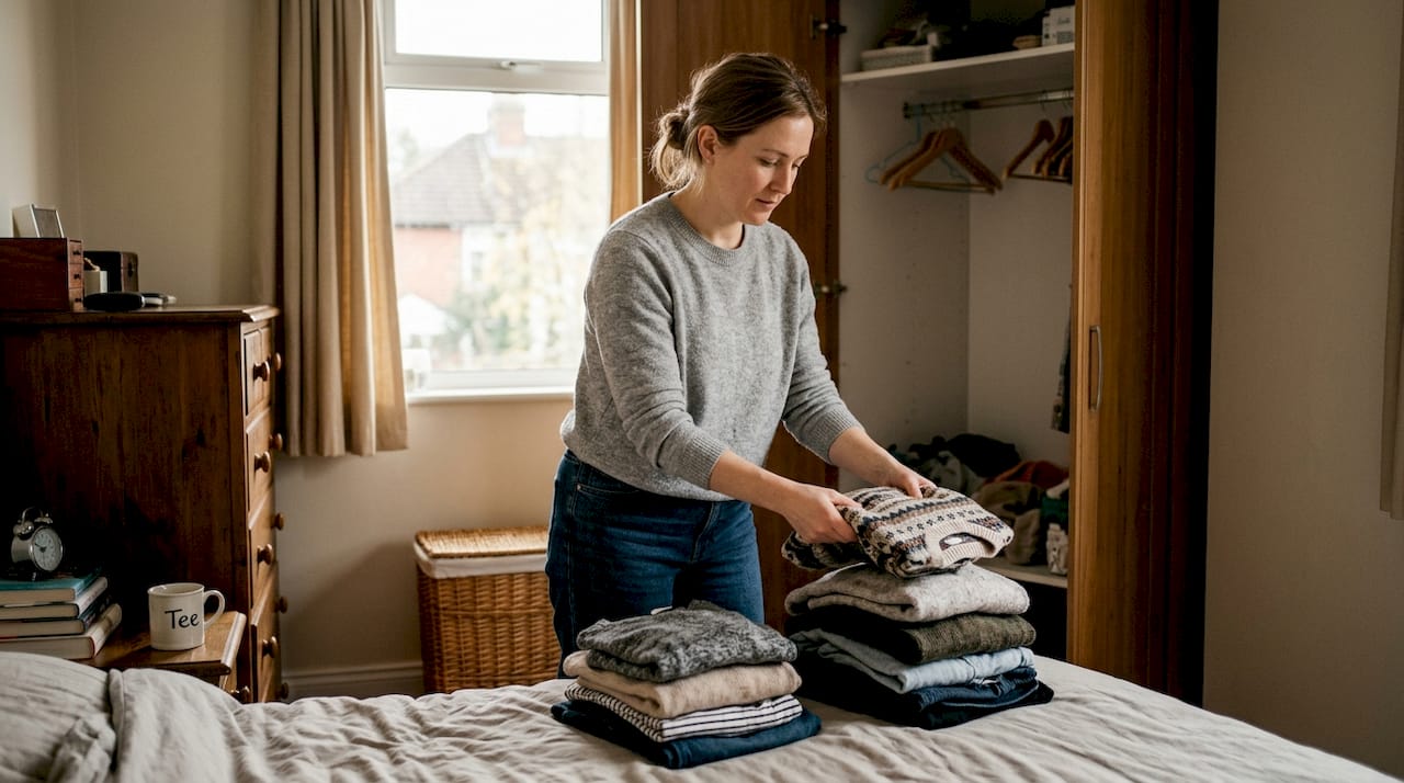 Vor dem offenen Kleiderschrank die Kleidung sortieren