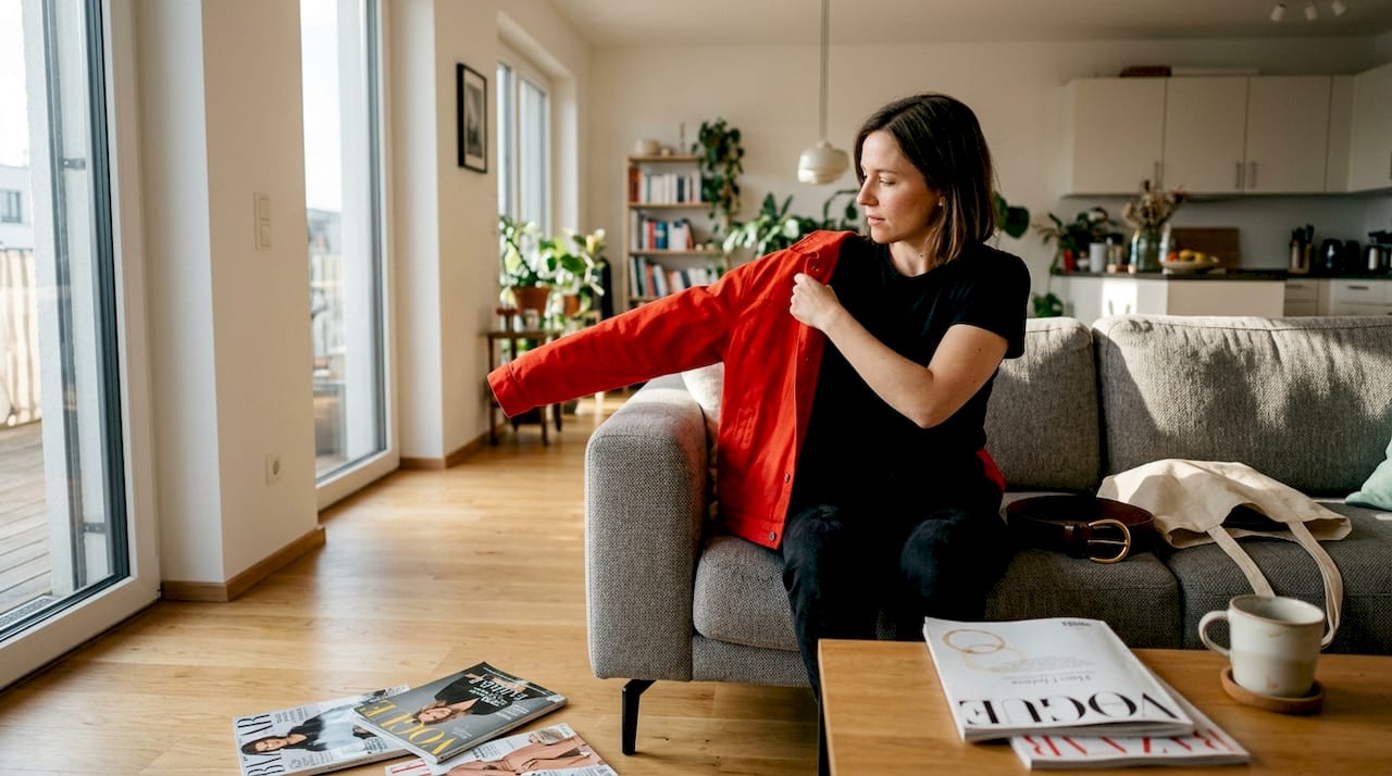 Mit einer auffälligen Jacke setzt diese Frau im Alltag stilvolle Akzente.