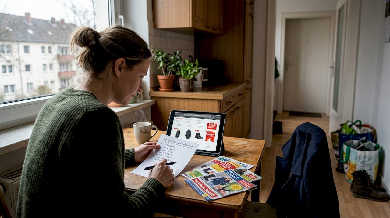 Eine Frau sitzt am Küchentisch und überlegt, was sie für den Winter einkaufen möchte.